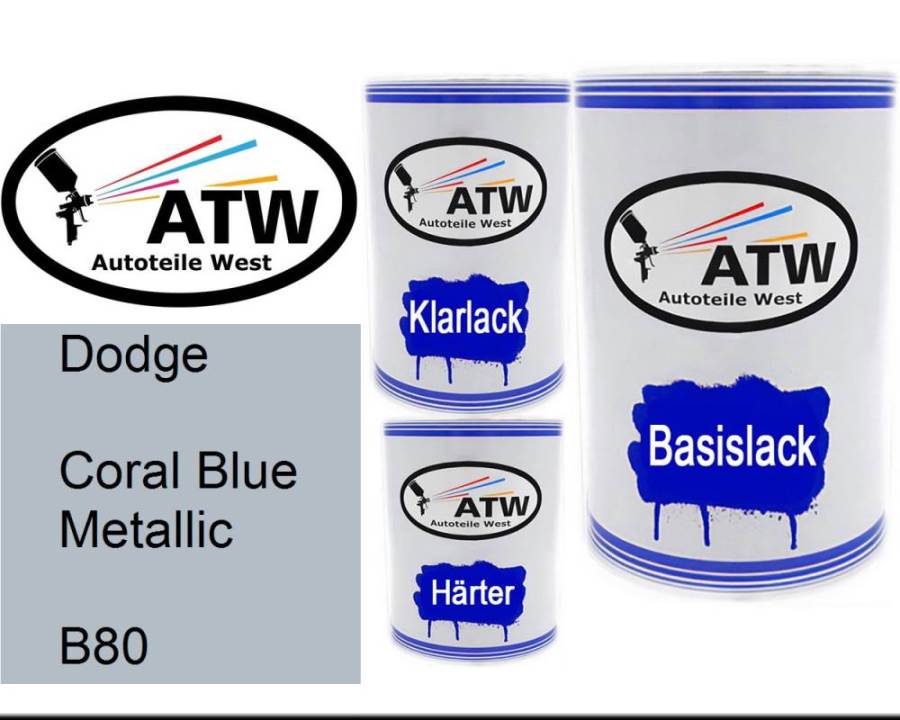 Dodge, Coral Blue Metallic, B80: 500ml Lackdose + 500ml Klarlack + 250ml Härter - Set, von ATW Autoteile West.